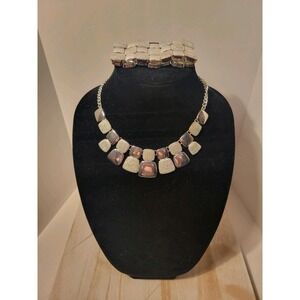 Vintage Liz Claiborne Silvertone Geometric Bib Necklace & Cuff Some Wear See Pic
